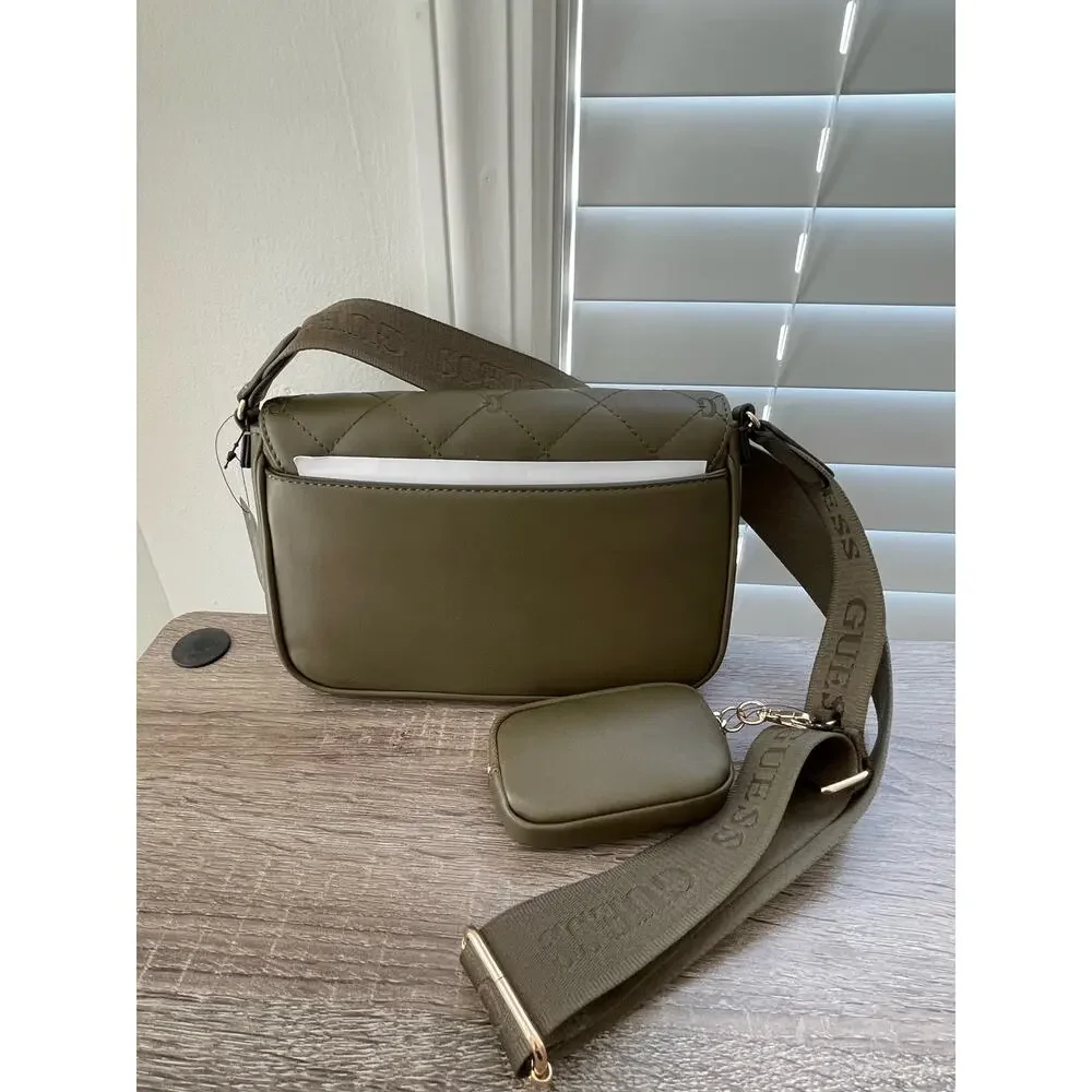 NWT GUESS Colton Mini Crossbody Bag Olive Green Quilted Faux Leather w Pouch
